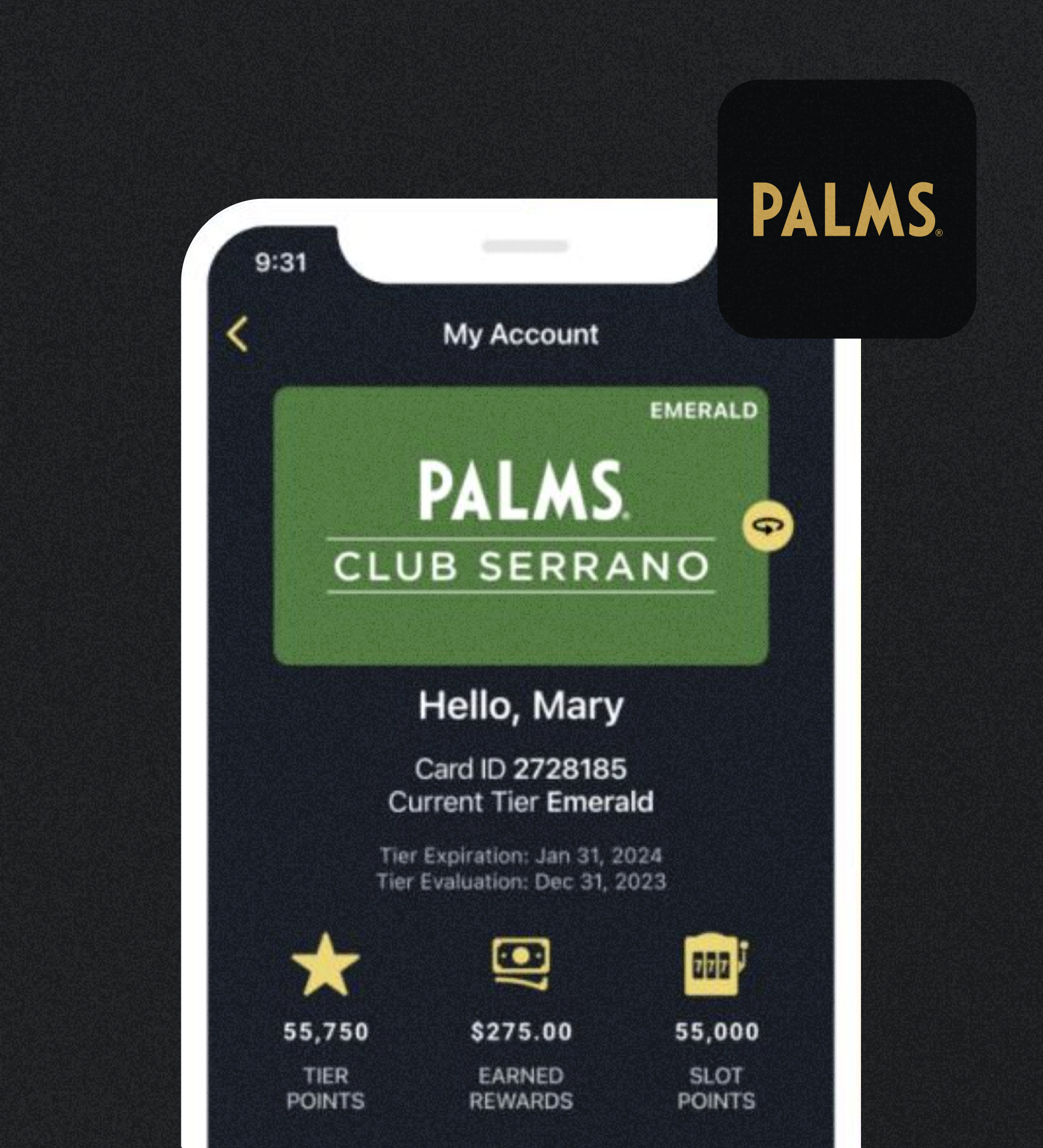 Palms Casino App panel