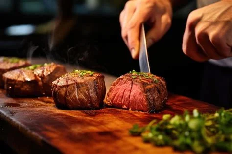 Sliced filet mignon being carved on a wooden board