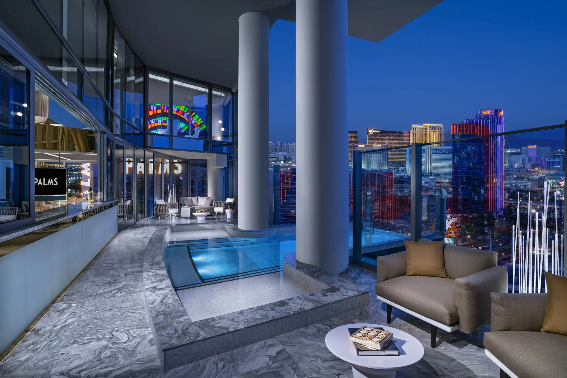 Palms Sky Villa private balcony and pool overlooking the Las Vegas Strip