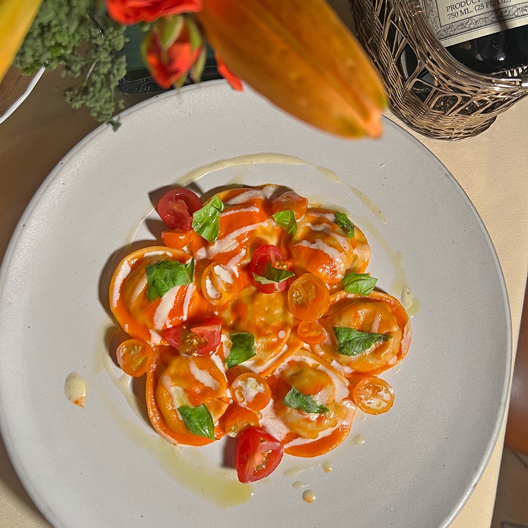 Overhead view of pasta on a plate